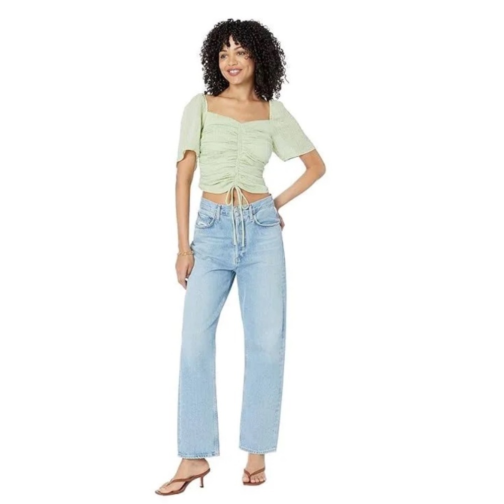 WAYF Sage‎ Green Ruched Drawstring Smocked Back Crop Top XS New With Tags